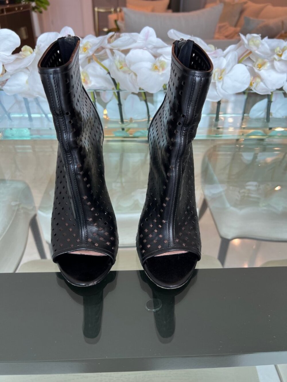 Barbara Bui Black Perforated Peep Toe Booties Stiletto Heel Italy 37.5